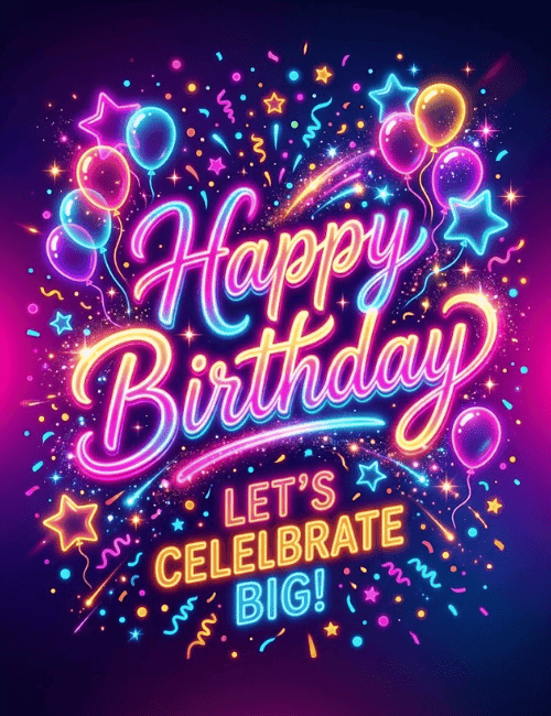 Neon Happy Birthday Card Let’s Celebrate Big Party Typography