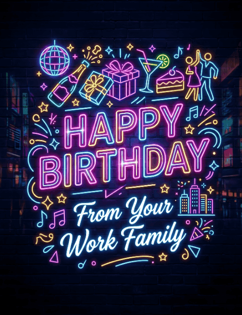 Neon Happy Birthday From Your Work Family Party Card