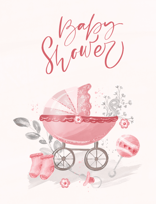 Pink Baby Shower – Watercolor Pram Card for Girl