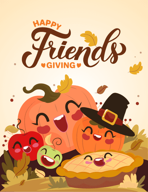 Smiling pumpkins and pie celebrating Friendsgiving