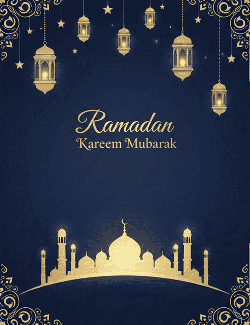 Elegant Ramadan Kareem Mubarak Greeting Card with Golden Lanterns & Mosque