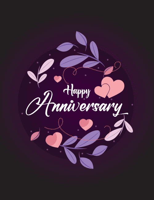 Romantic Dark Purple Anniversary Card with Hearts and Leaves