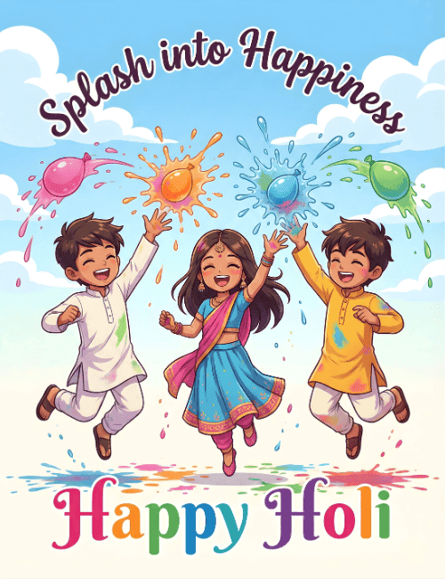 Splash into Happiness Happy Holi Kids Celebration Card