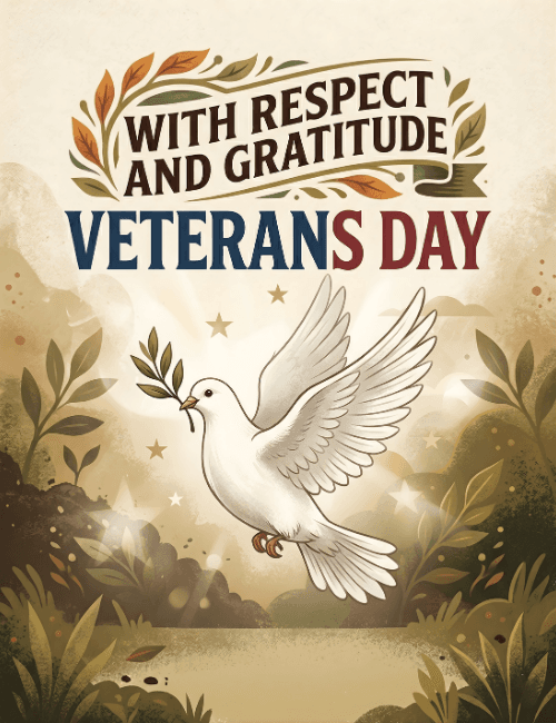 Veterans Day card with dove and gratitude message