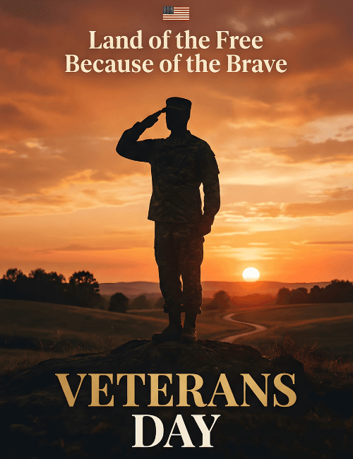 Veterans Day soldier saluting at sunset card
