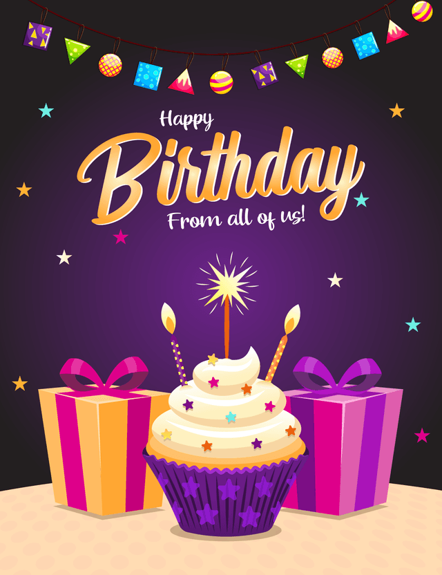 Vibrant Birthday Card – Cupcake with Gifts and Lights