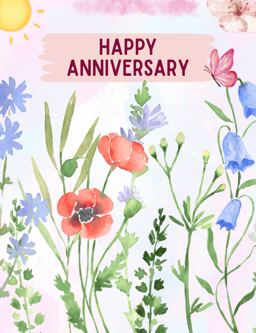 Watercolor Happy Anniversary Card with Wildflowers and Butterfly Design