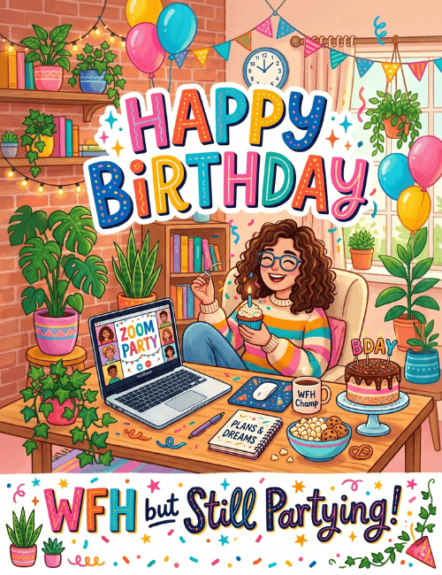 Work From Home Birthday Card WFH but Still Partying Theme