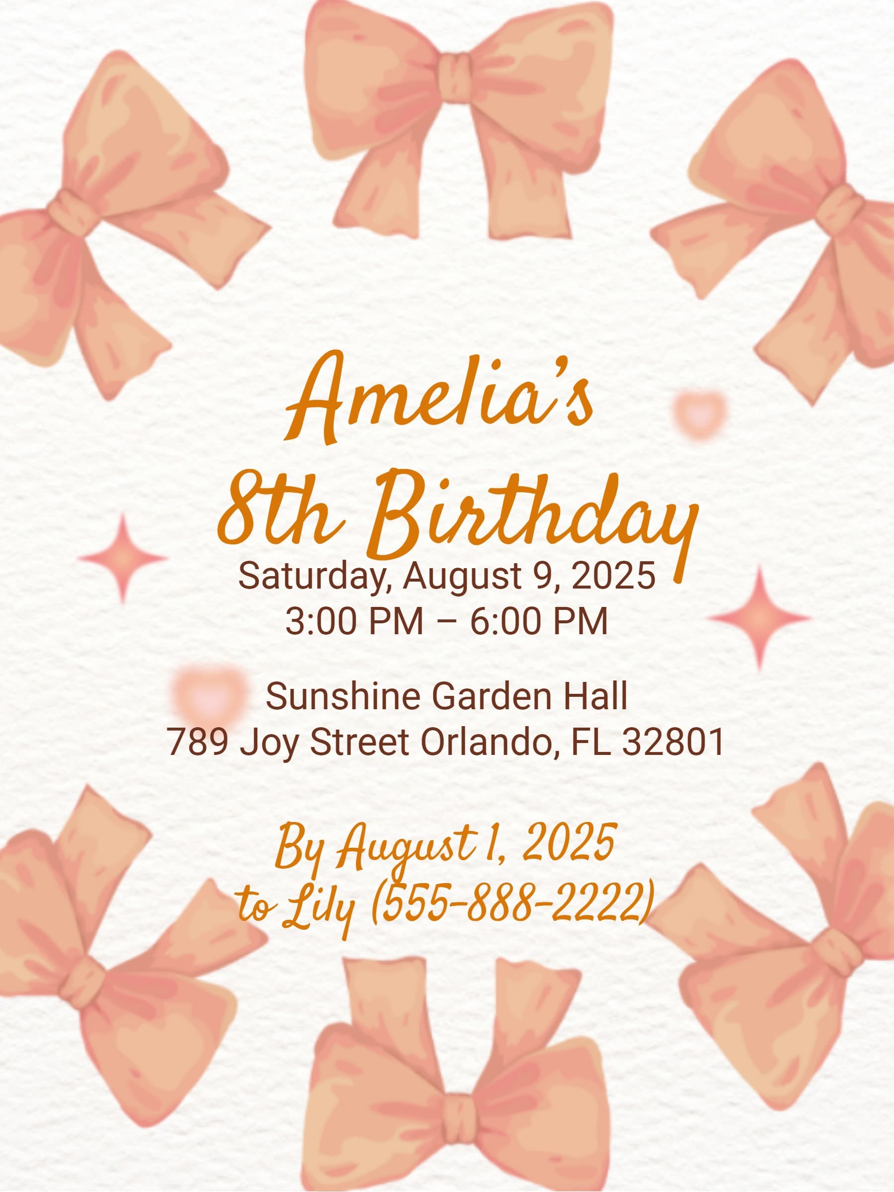 peach bows birthday invite