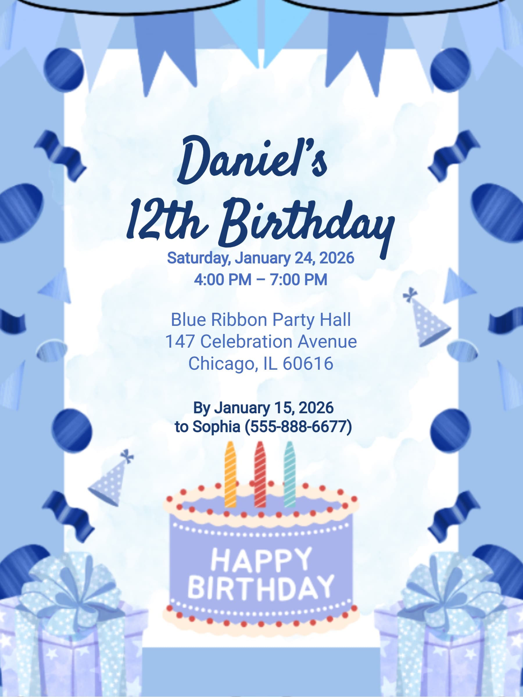 blue cake birthday invite