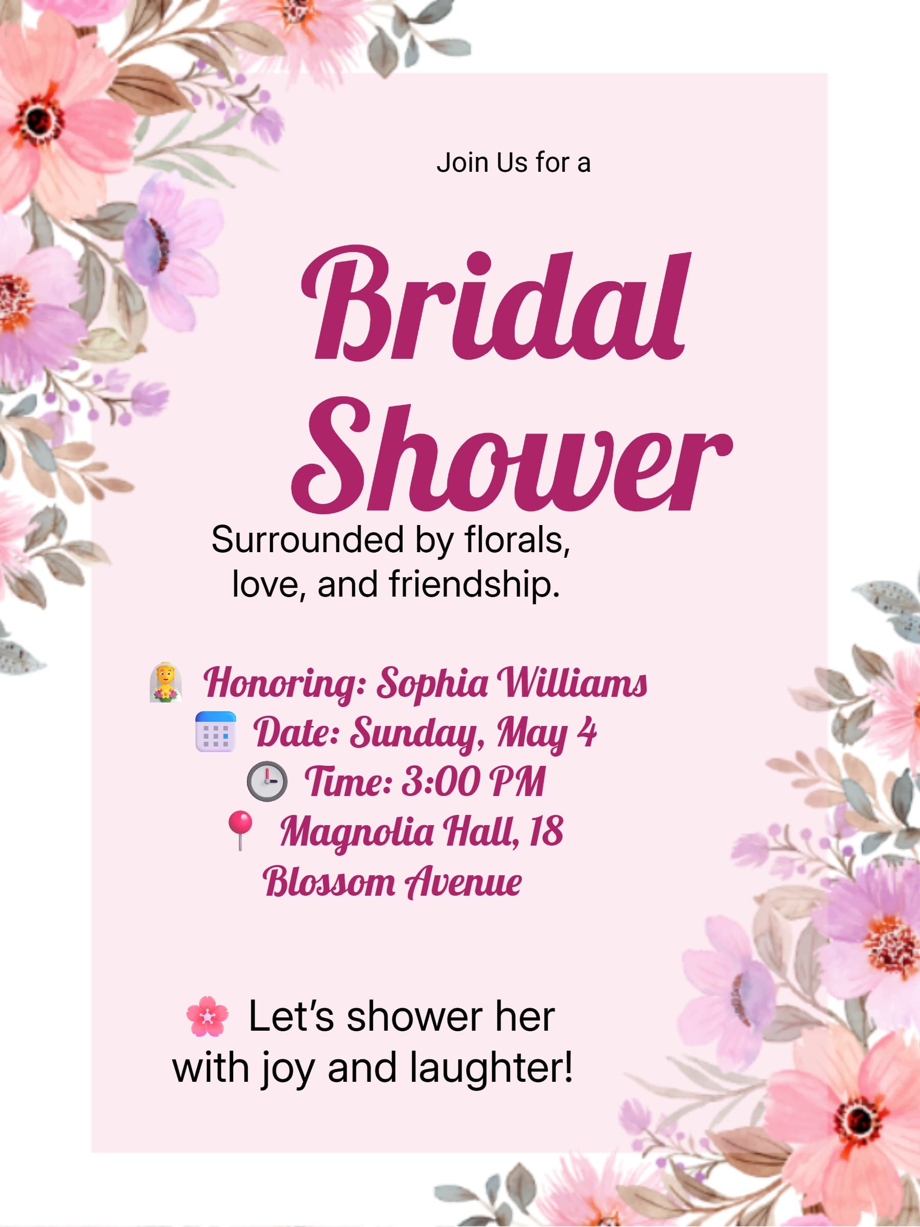 Pink Floral Border Bridal Shower Invitation