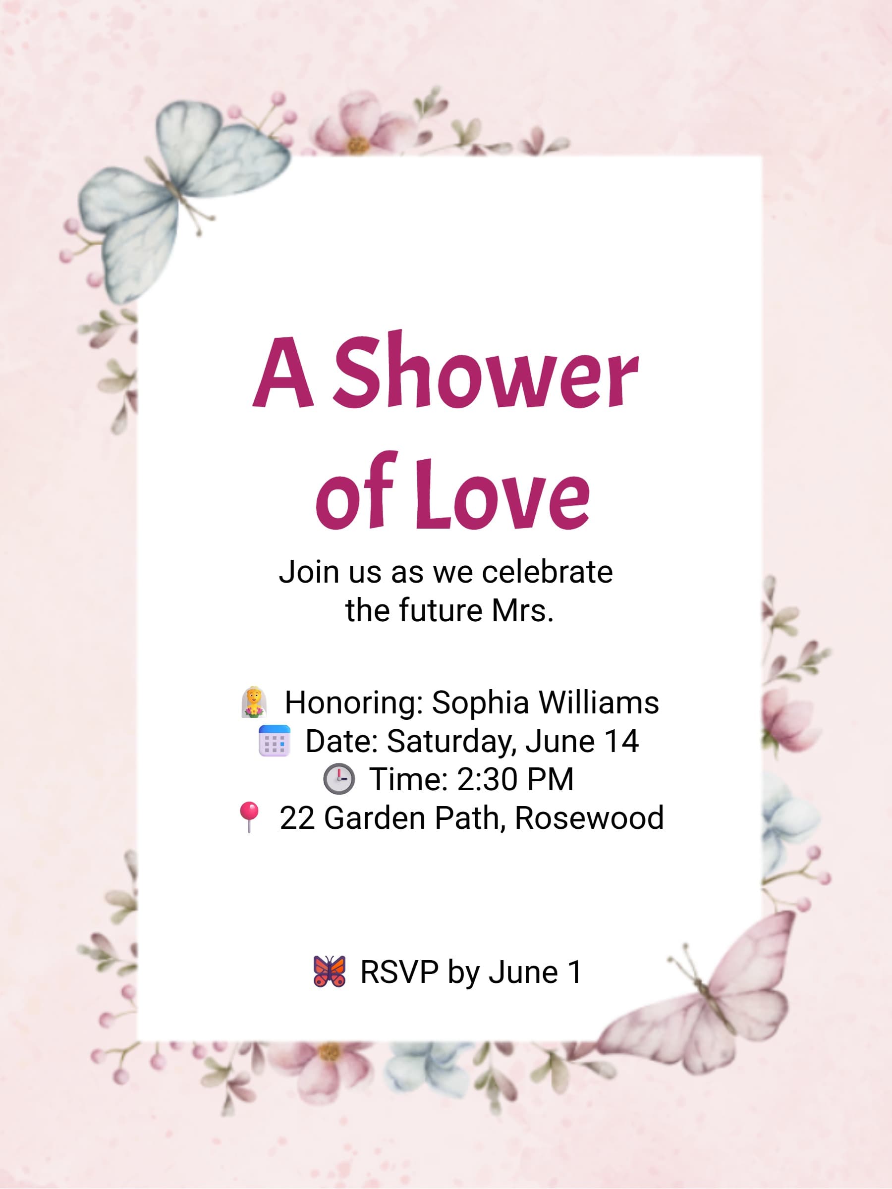 Butterfly Floral Border Bridal Shower Invitation