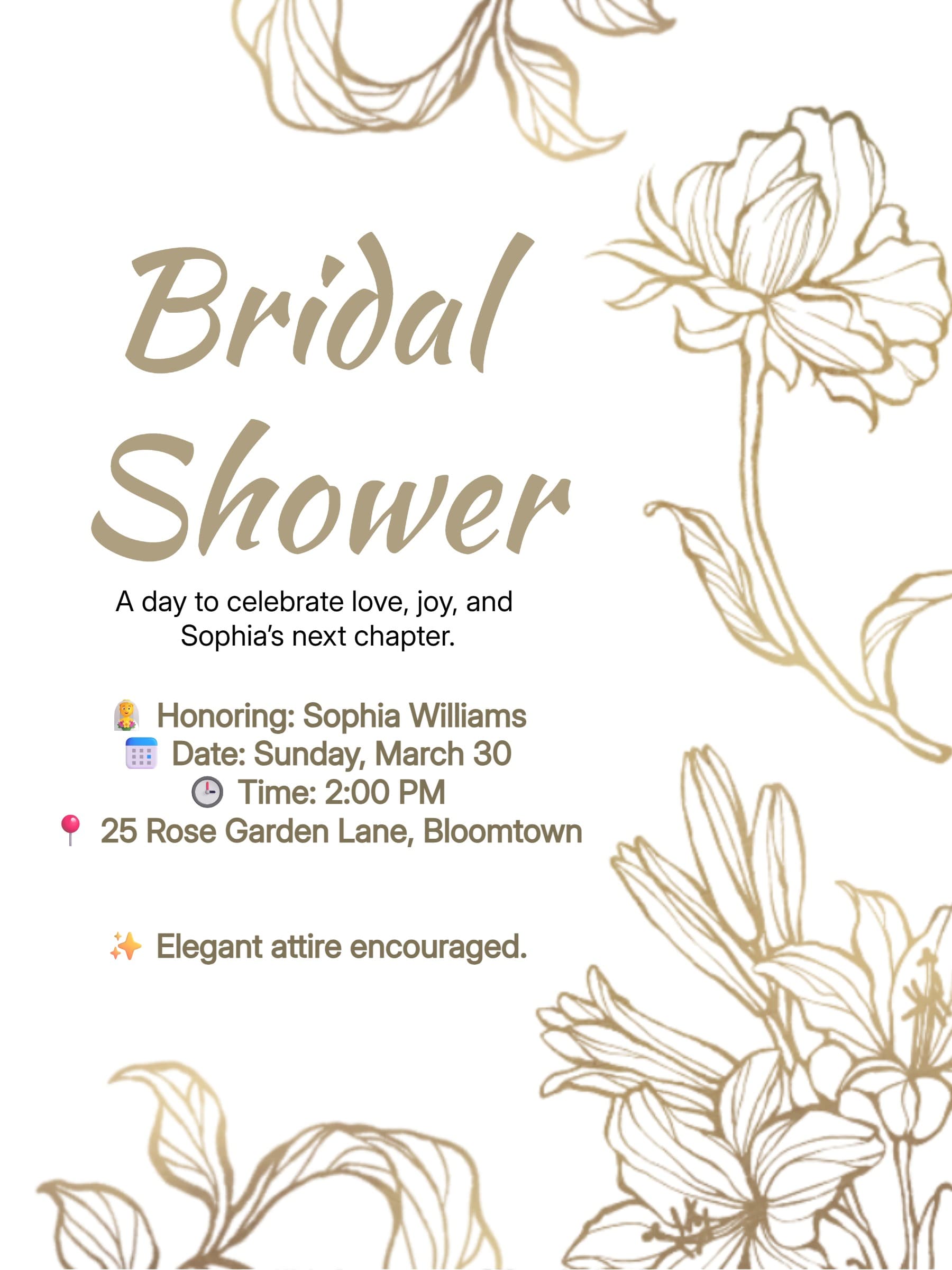 Gold Floral Outline Bridal Shower Invitation