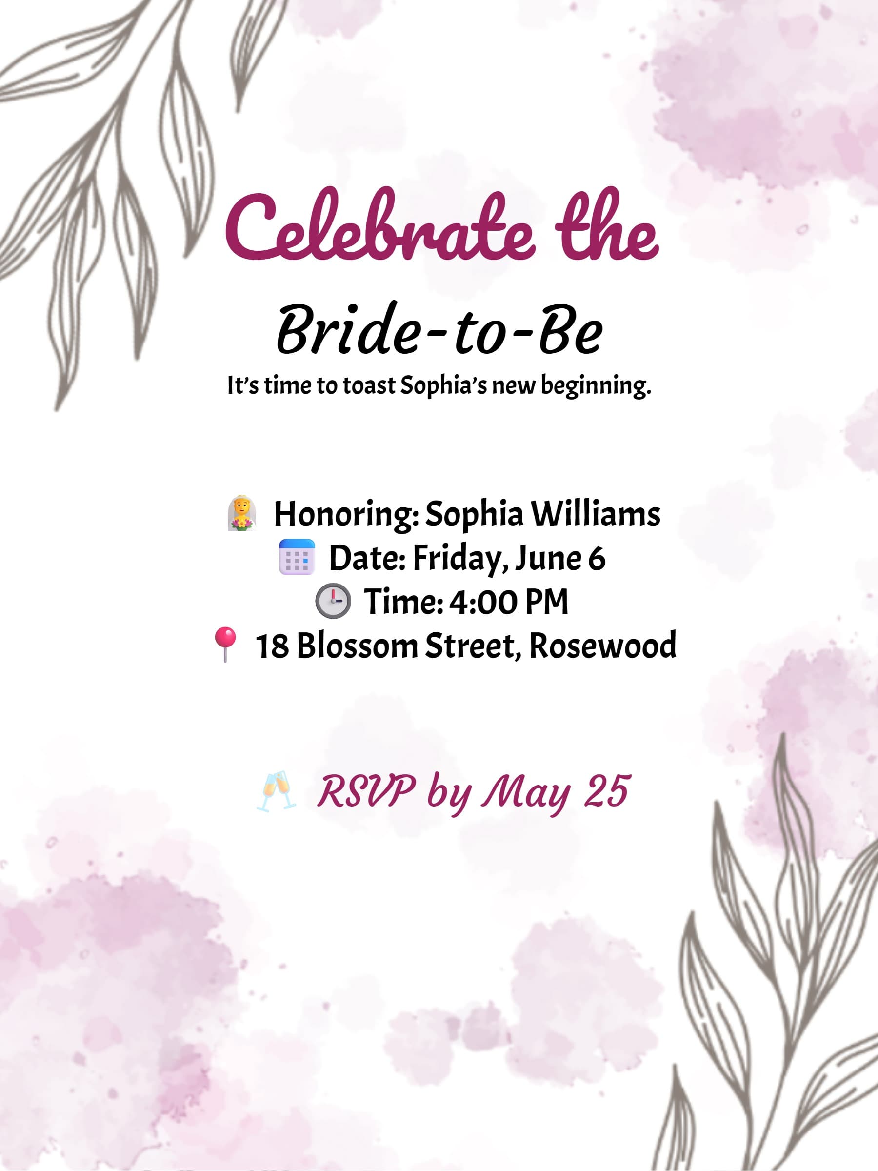 Pink Watercolor Leaves Bridal Shower Invitation