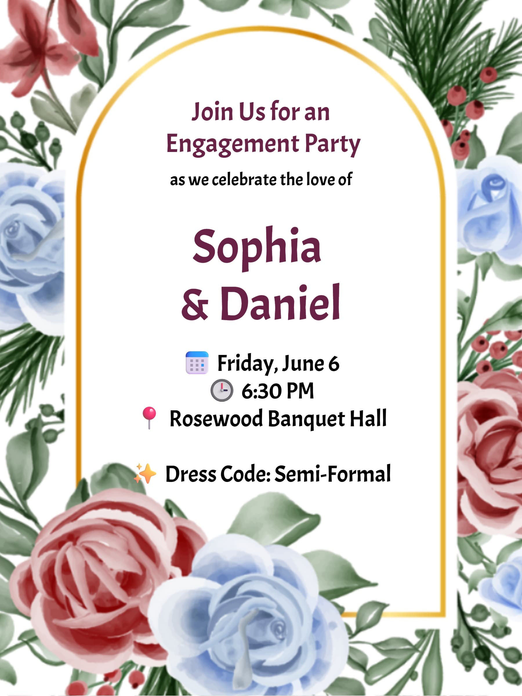 Elegant Rose Frame Engagement Invitation