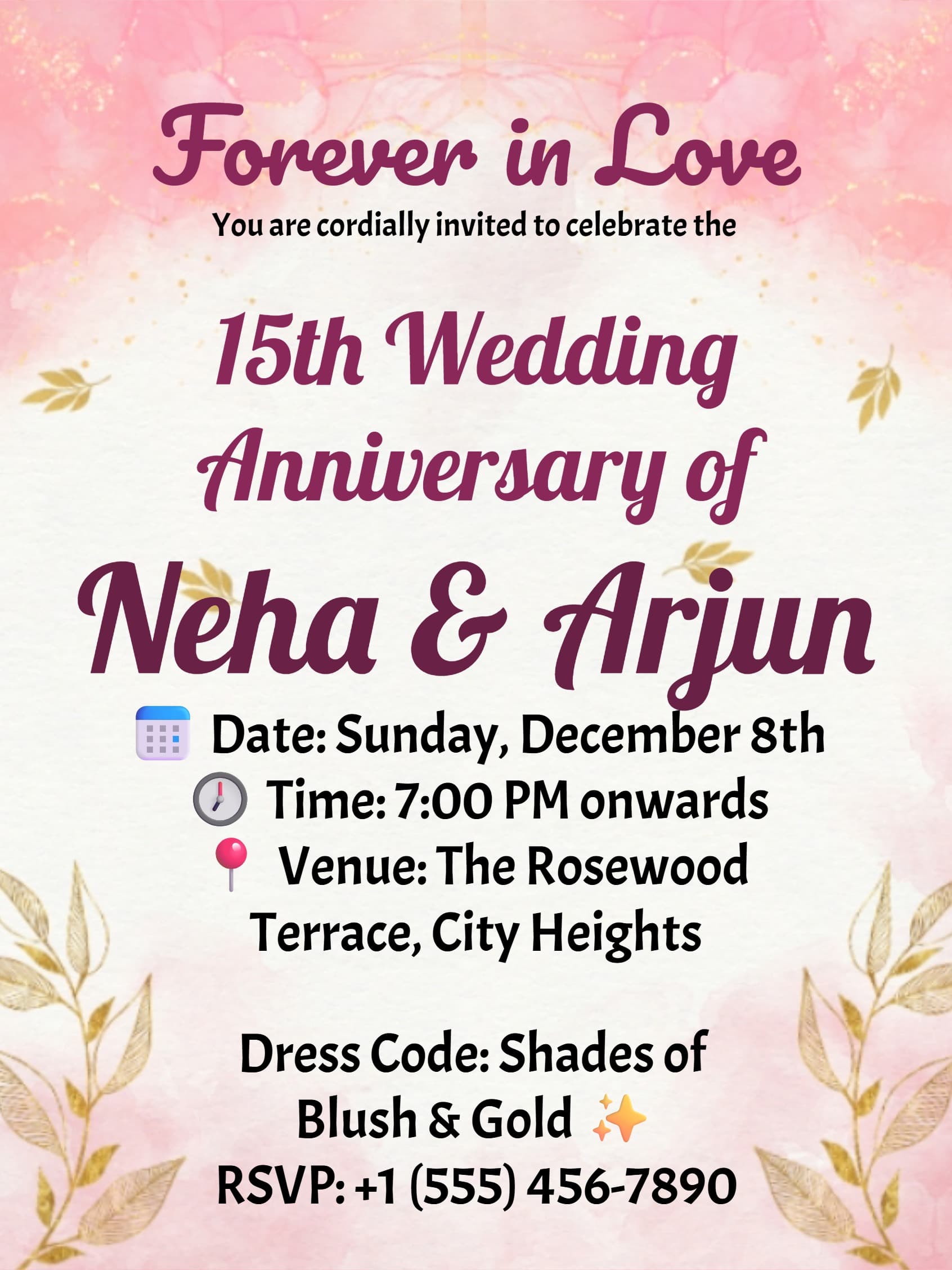Elegant Pink Watercolor Wedding Anniversary Invitation