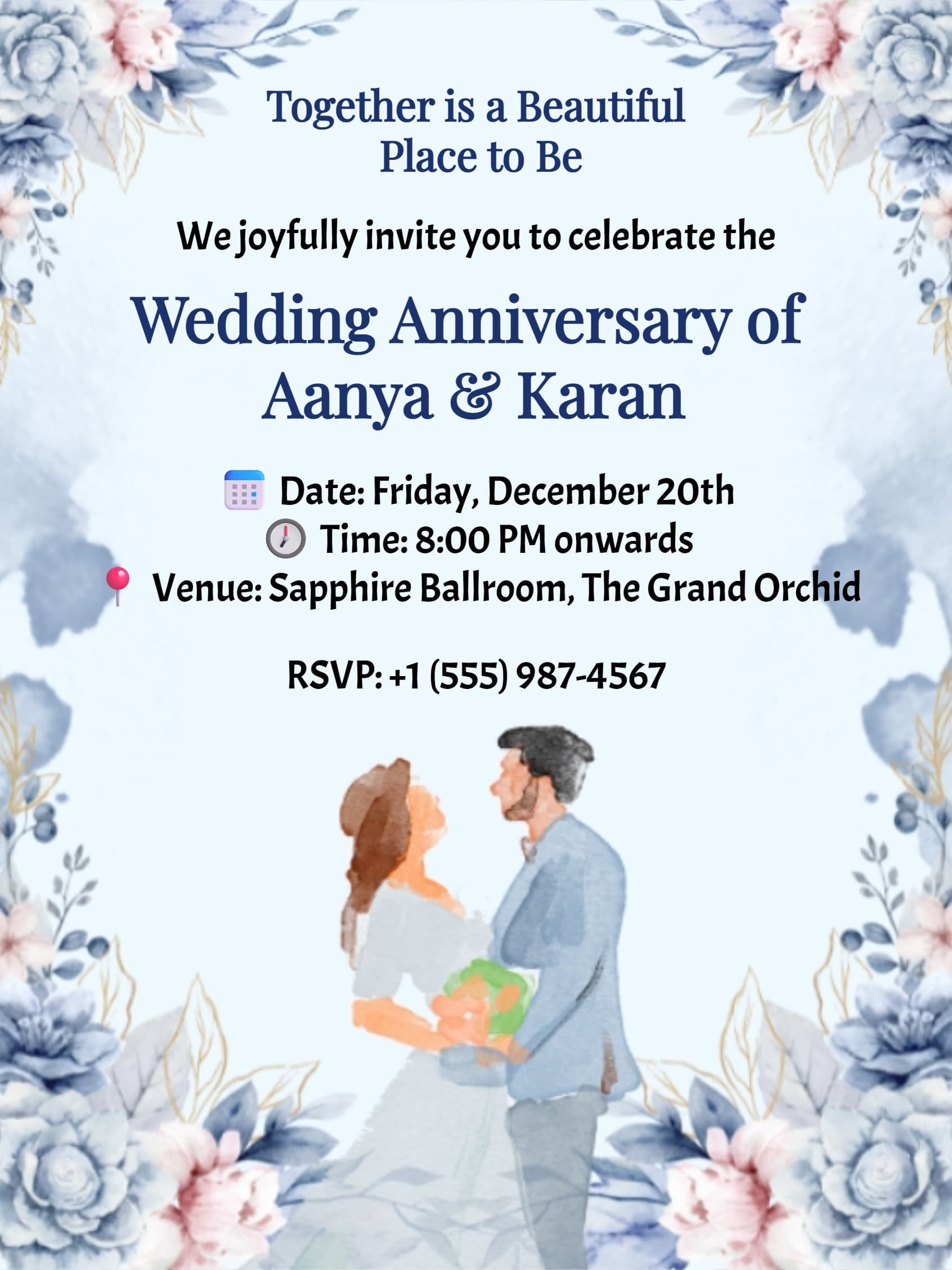 Romantic Blue Watercolor Wedding Anniversary Invitation