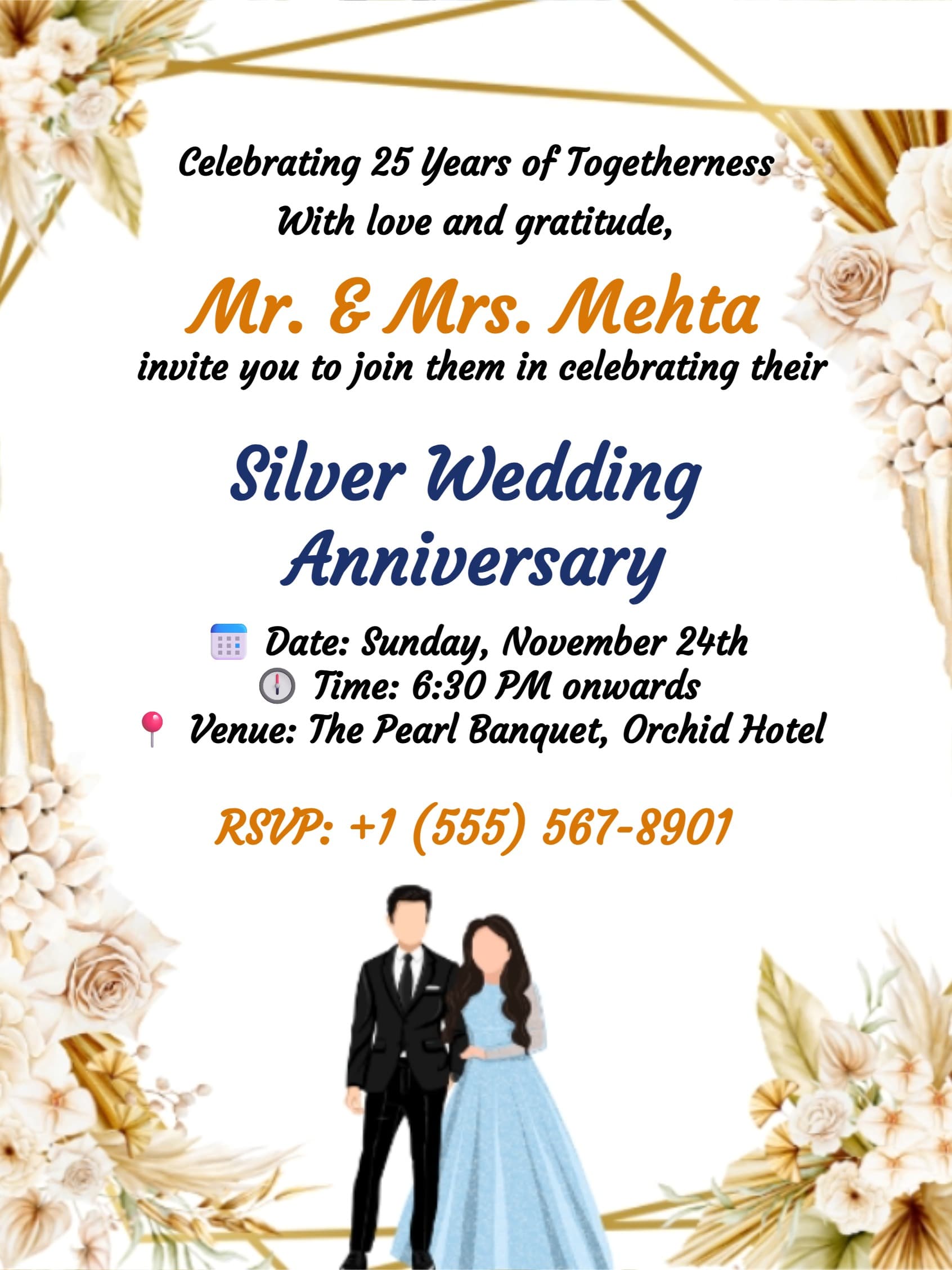 Elegant Beige Floral Wedding Anniversary Invitation