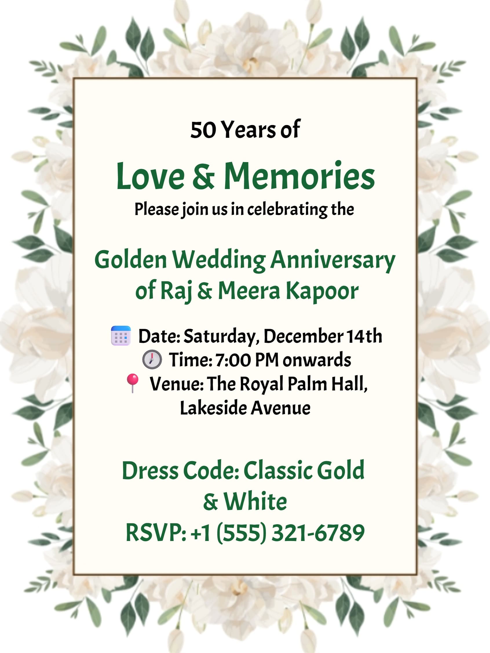 Elegant White Floral Golden Wedding Anniversary Invitation