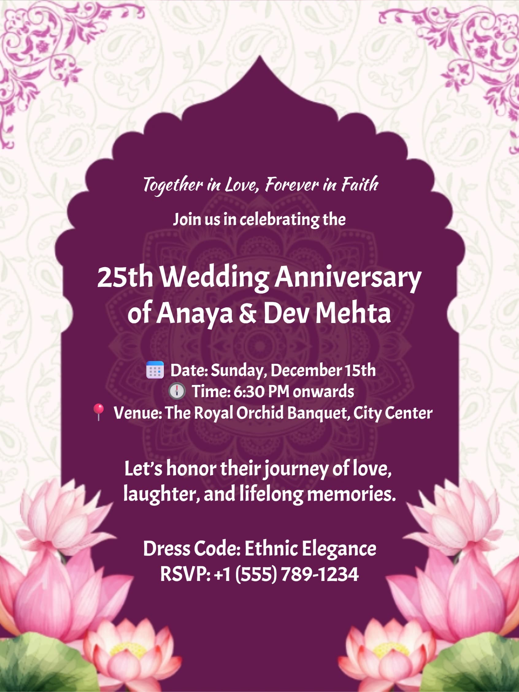 Royal Purple Lotus Wedding Anniversary Invitation Template