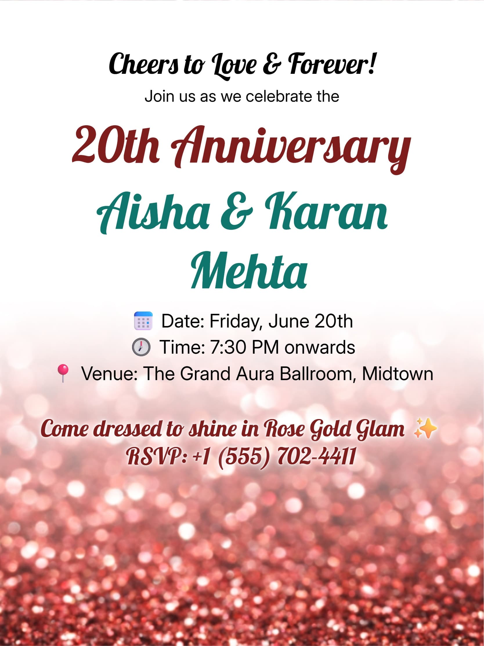 Rose Gold Glitter Wedding Anniversary Invitation