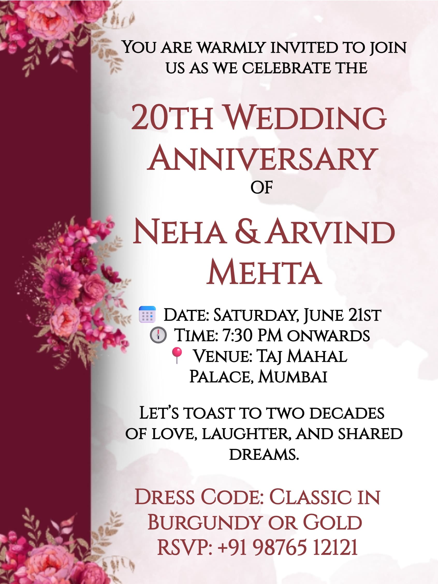 Maroon Floral Wedding Anniversary Invitation