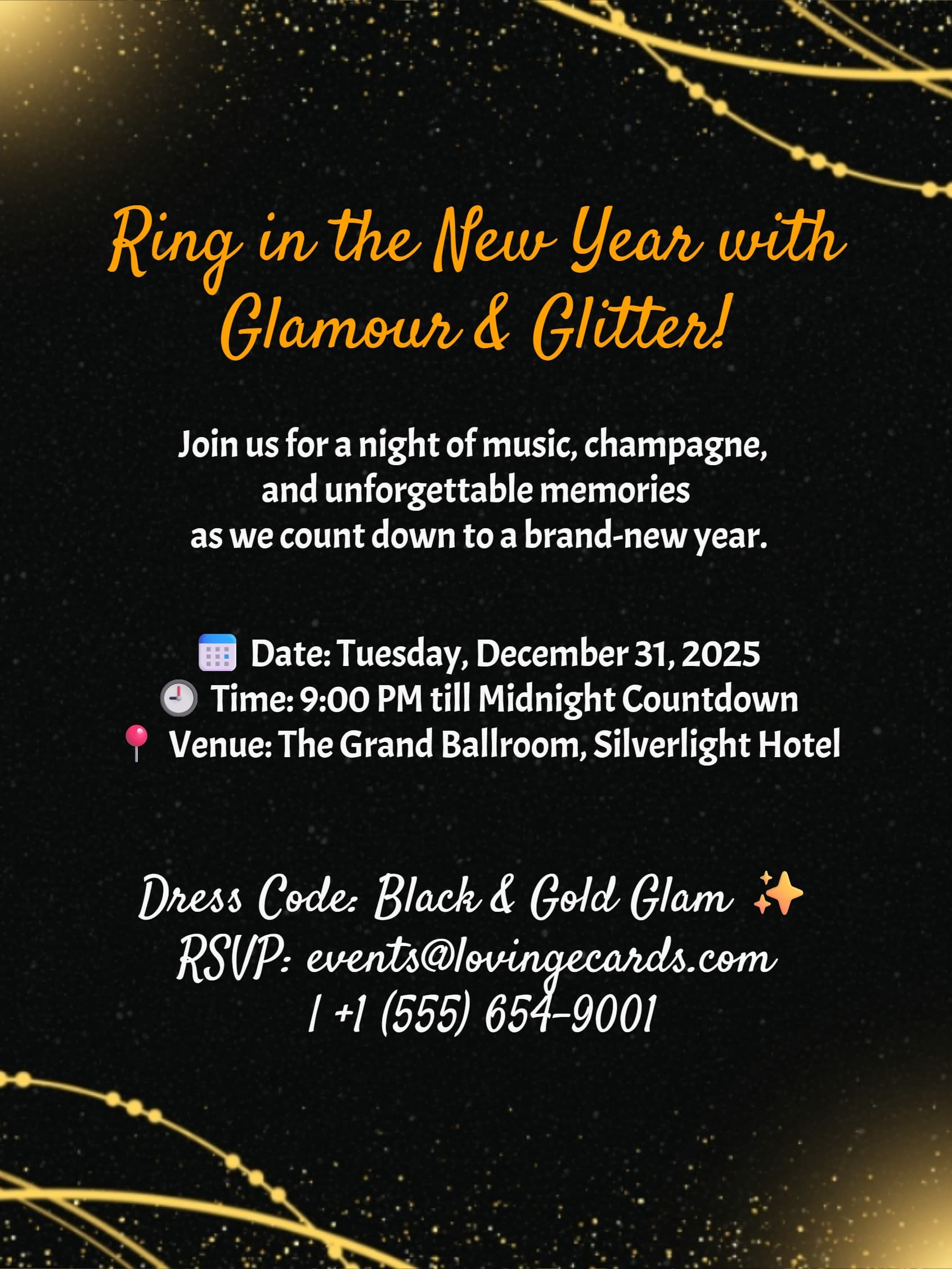 Elegant Black & Gold New Year Invitation