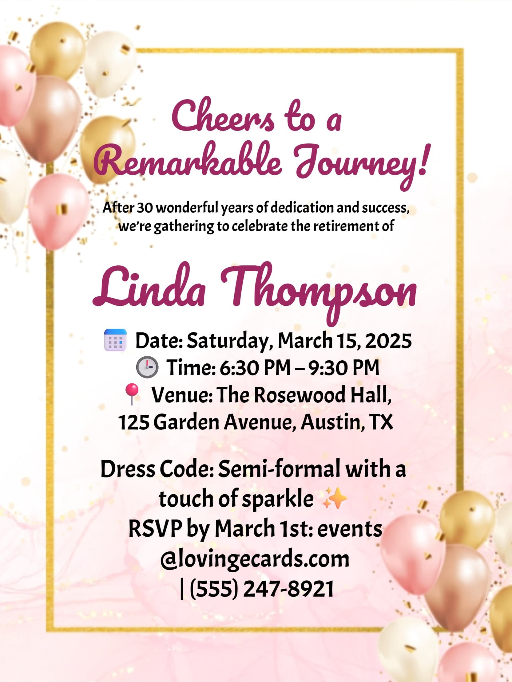 Elegant Pink & Gold Balloon Retirement Invitation
