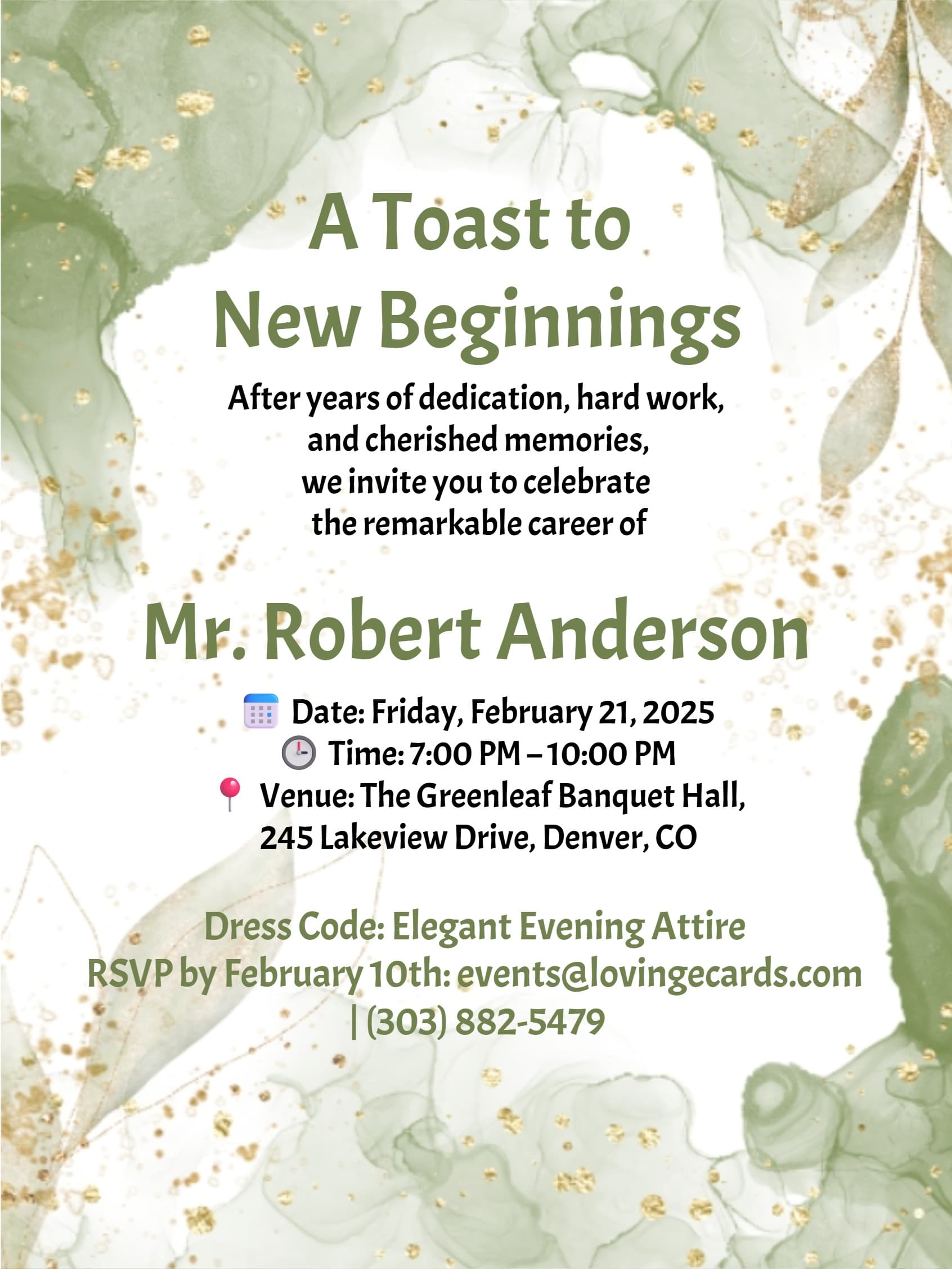 Elegant Sage & Gold Watercolor Retirement Invitation