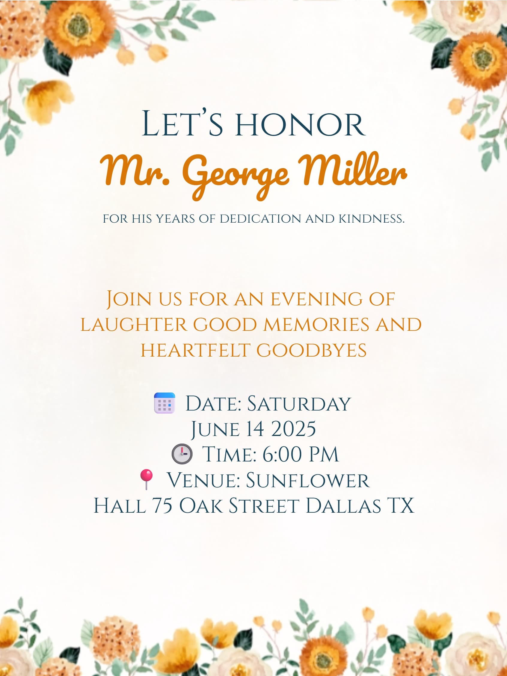 YELLOW FLORAL RETIREMENT INVITE