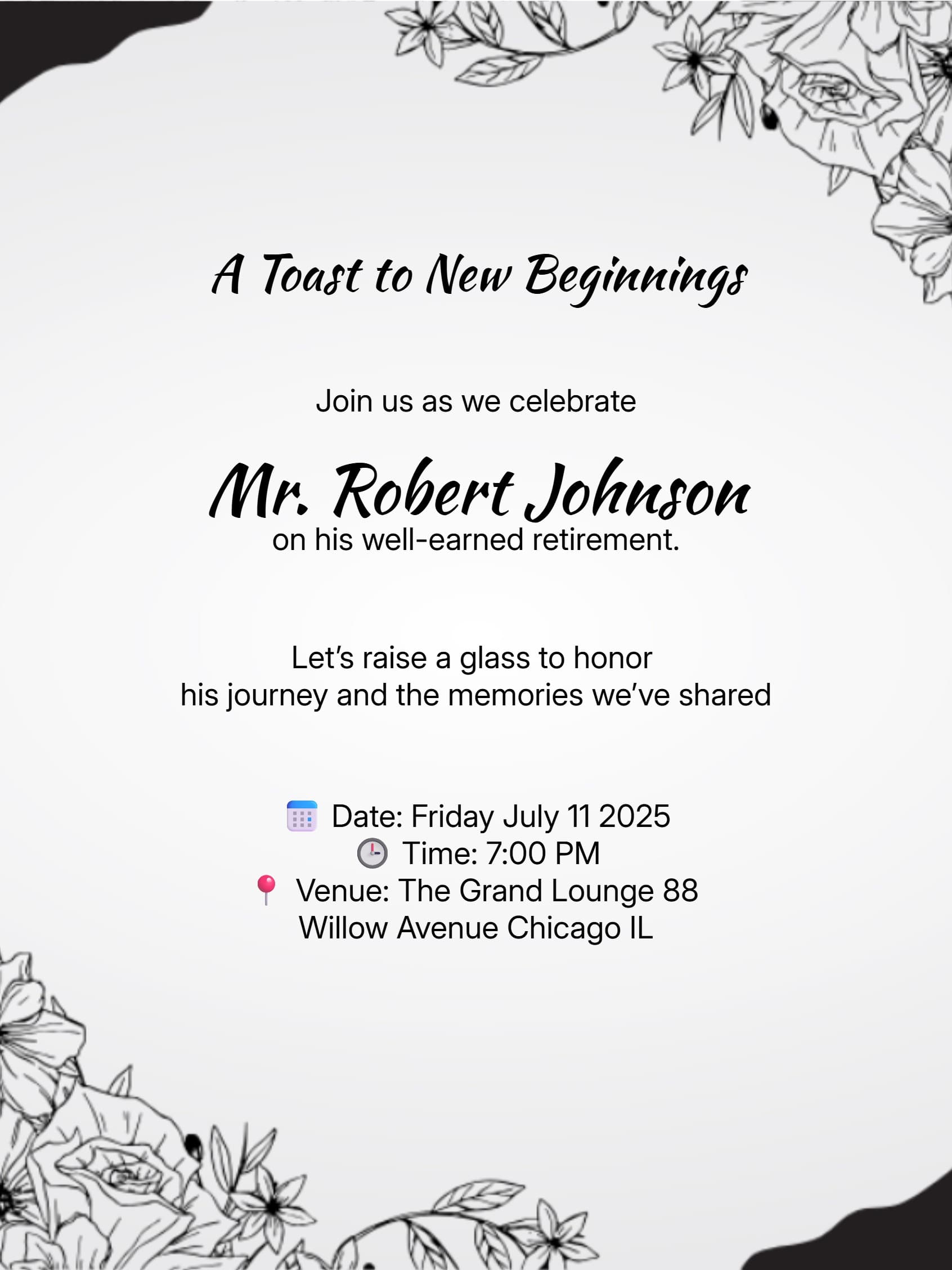 BLACK FLORAL RETIREMENT INVITE