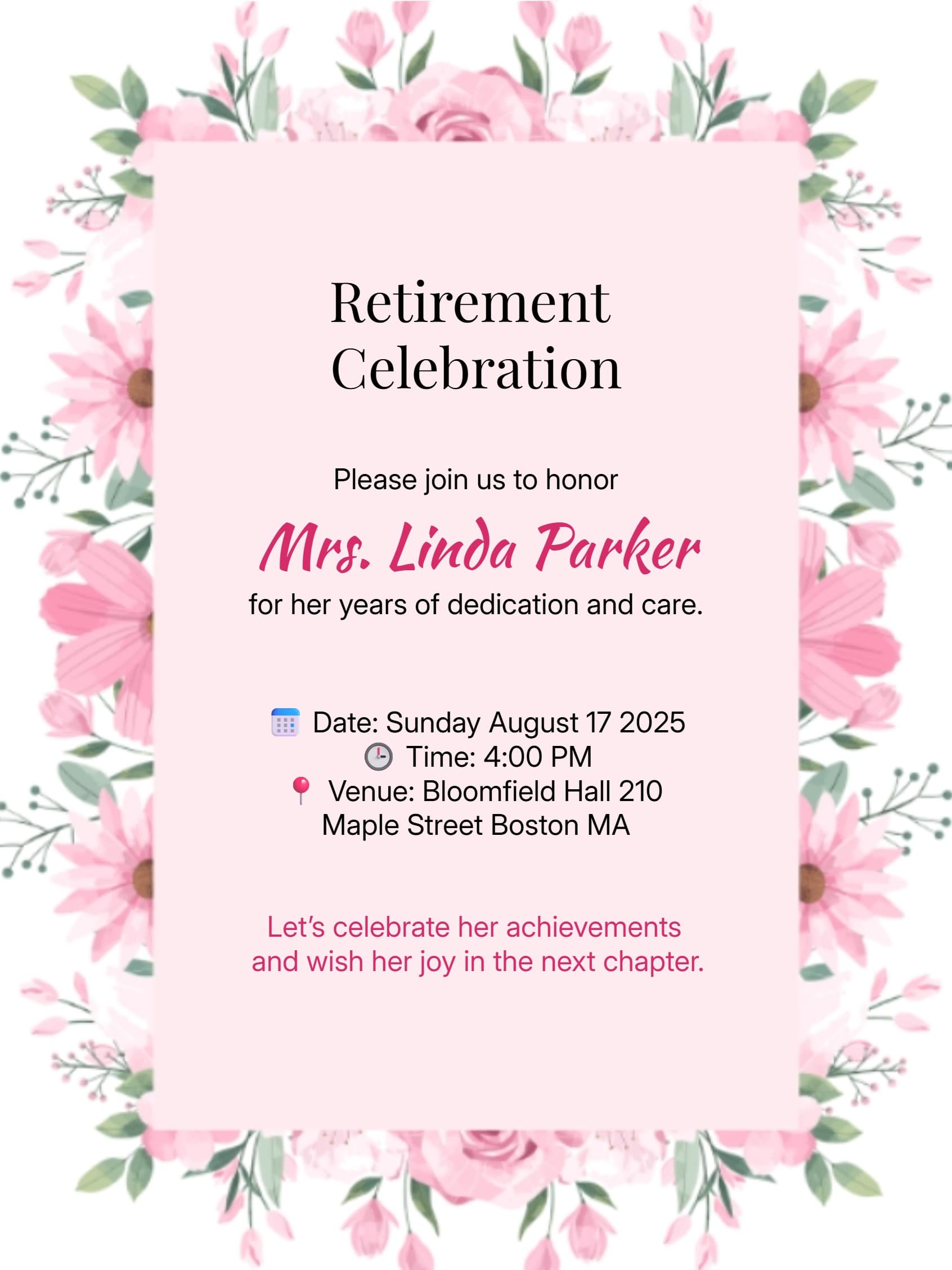 PINK FLORAL RETIREMENT INVITE