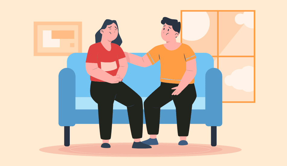 Illustration of a sad woman being comforted by a man on a blue couch, symbolizing apology and emotional support.