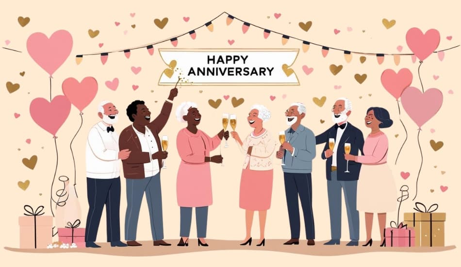 Illustration of diverse elderly couples raising champagne glasses in a joyful wedding anniversary celebration, with heart-shaped balloons, confetti, and a 'Happy Anniversary' banner overhead.