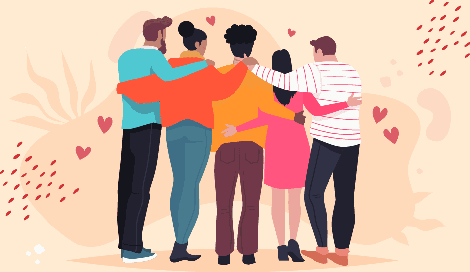 Illustration of five friends hugging with hearts around them, symbolizing love and togetherness on Friendship Day.
