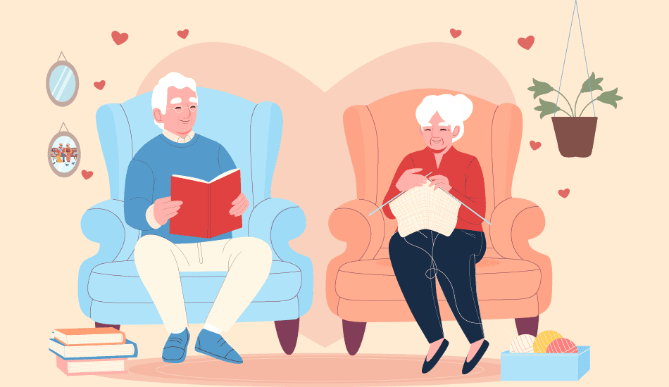 Illustration of a retired elderly couple relaxing at home—man reading a book and woman knitting, surrounded by cozy decor and heart symbols.
