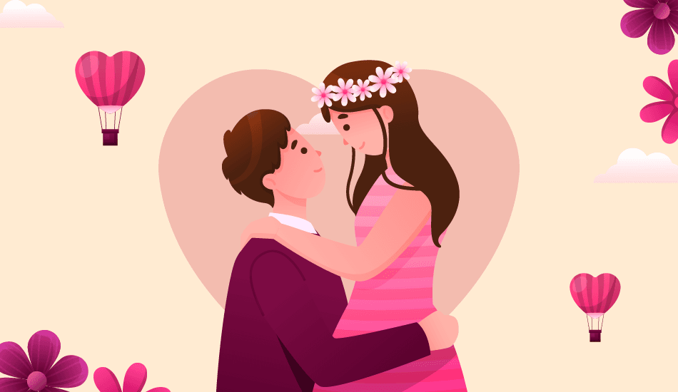 Romantic couple hugging on National Girlfriend Day with pink heart balloons, flowers, and love-themed background