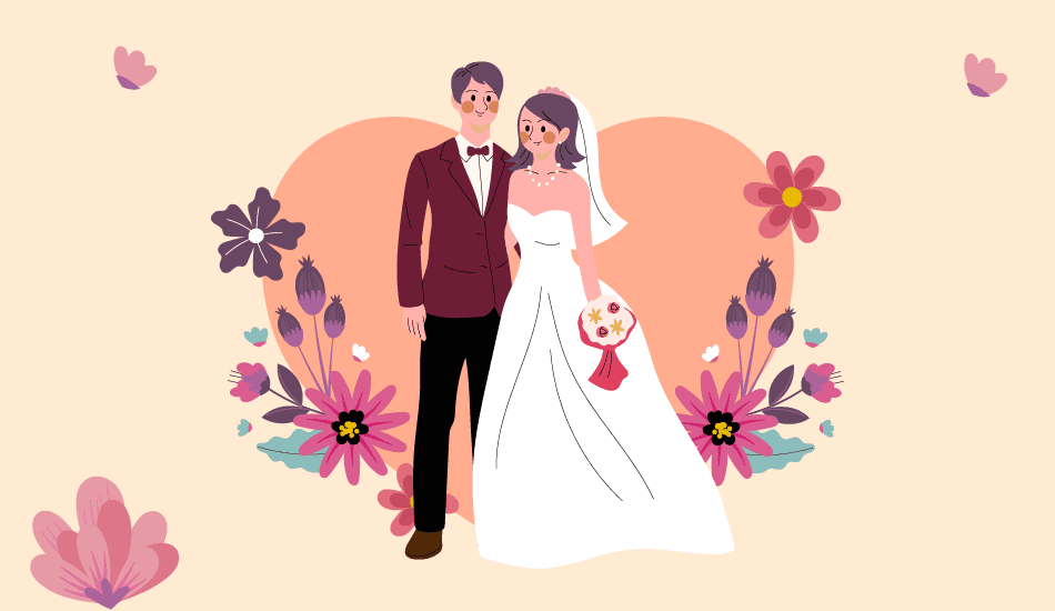 Illustration of a bride and groom standing together with a floral background and heart shape