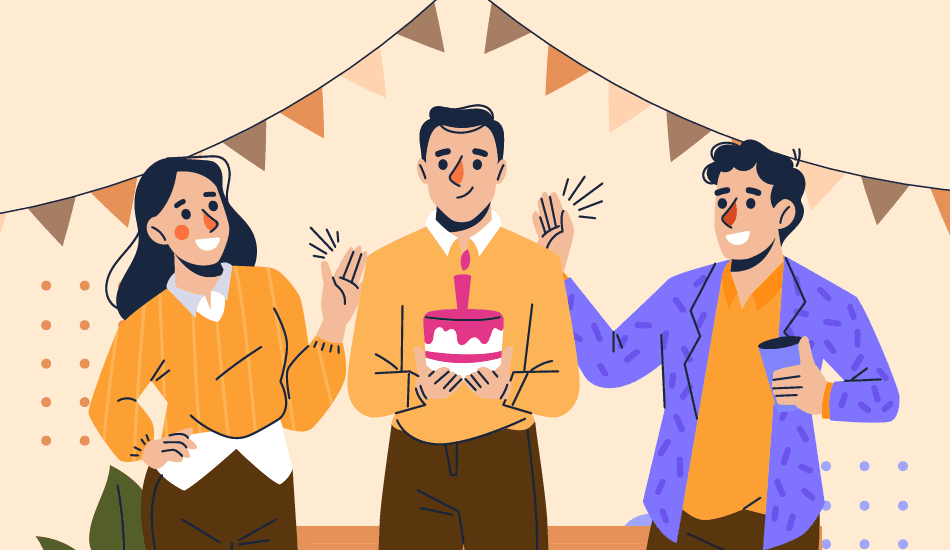 Illustration of friends celebrating with a birthday cake—guide to heartfelt, non-funny birthday wishes for group cards and personal messages.