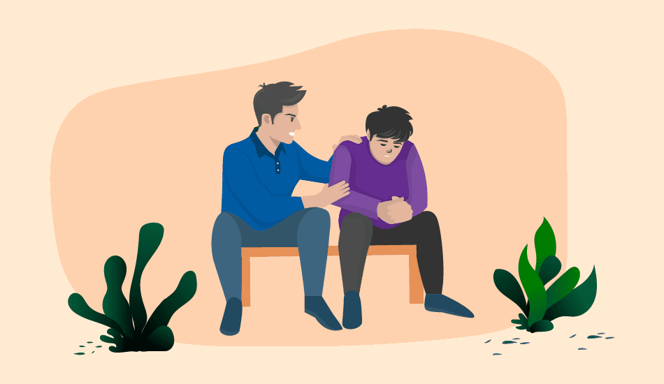 Illustration of a friend comforting someone on a bench—guide to sympathy messages for group cards.