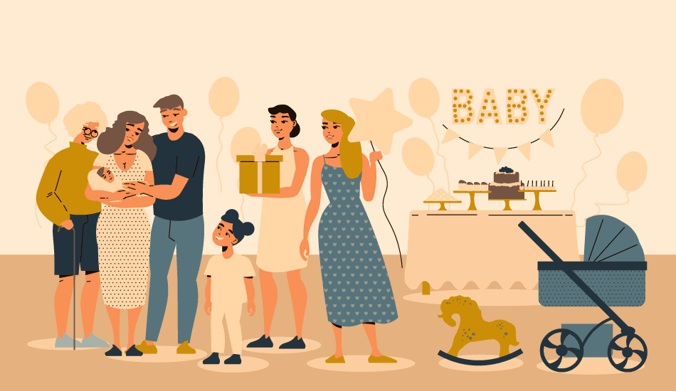 Group baby shower scene with balloons, gifts, cake table and stroller—header image for a guide on what to write in a team-signed baby shower card.