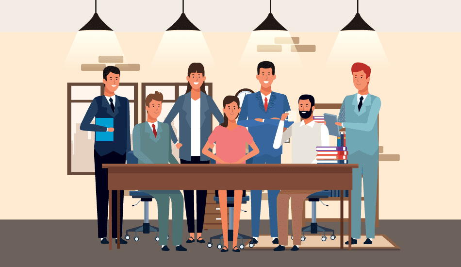 Four cartoon coworkers smiling and waving—cheerful team illustration for a guide to respectful Hispanic Heritage Month messages at work and group ecards.