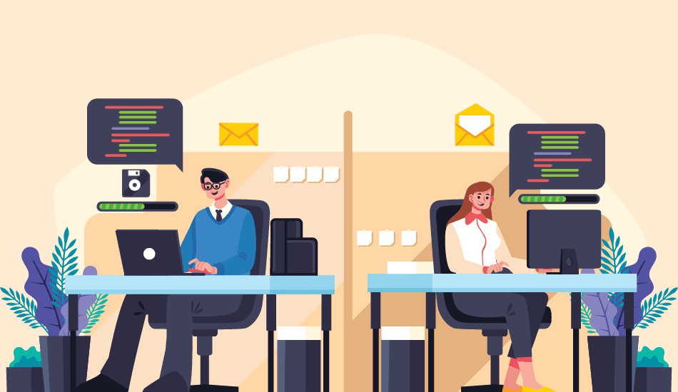 Two IT professionals at office desks with code on screens—featured image for IT Professionals Day group ecard appreciation.