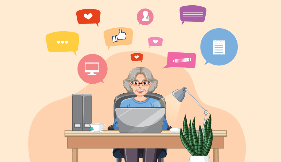 Illustration of a smiling elderly woman sitting at a desk with a laptop, surrounded by colorful social media and communication icons.