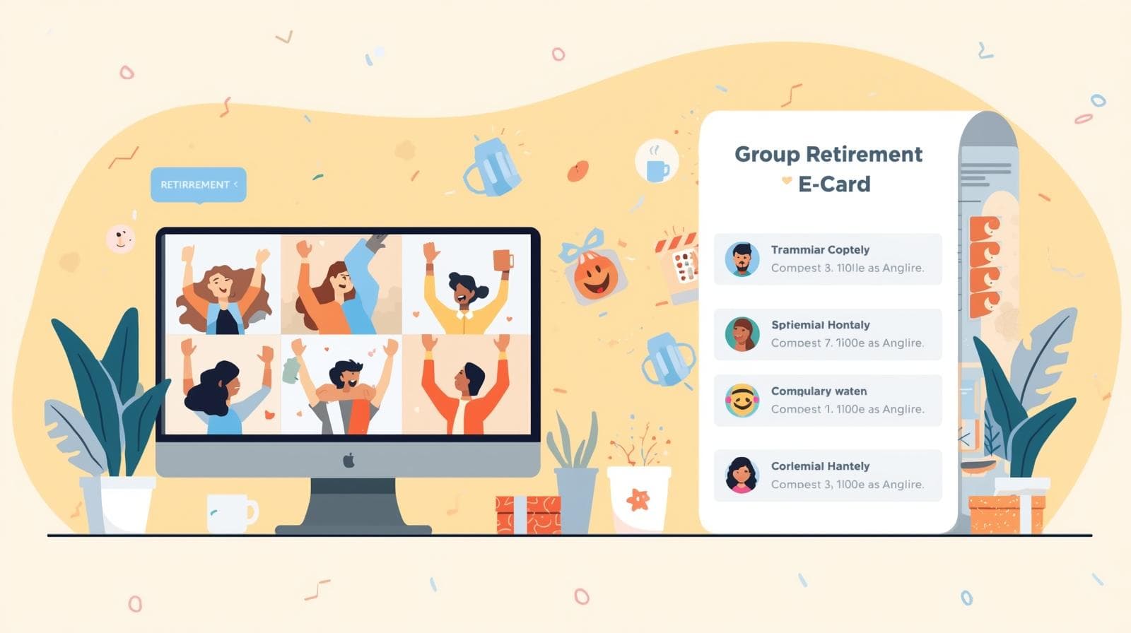 Coworkers on a virtual retirement party video call, revealing a group retirement ecard filled with messages and confetti.