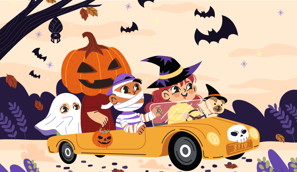 Children in Halloween costumes—witch, mummy, and ghost—plus a puppy in a witch hat riding a pumpkin-colored car with bats and autumn leaves.
