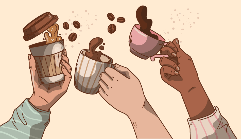 office team raising coffee mugs—group card celebration, minimalist style