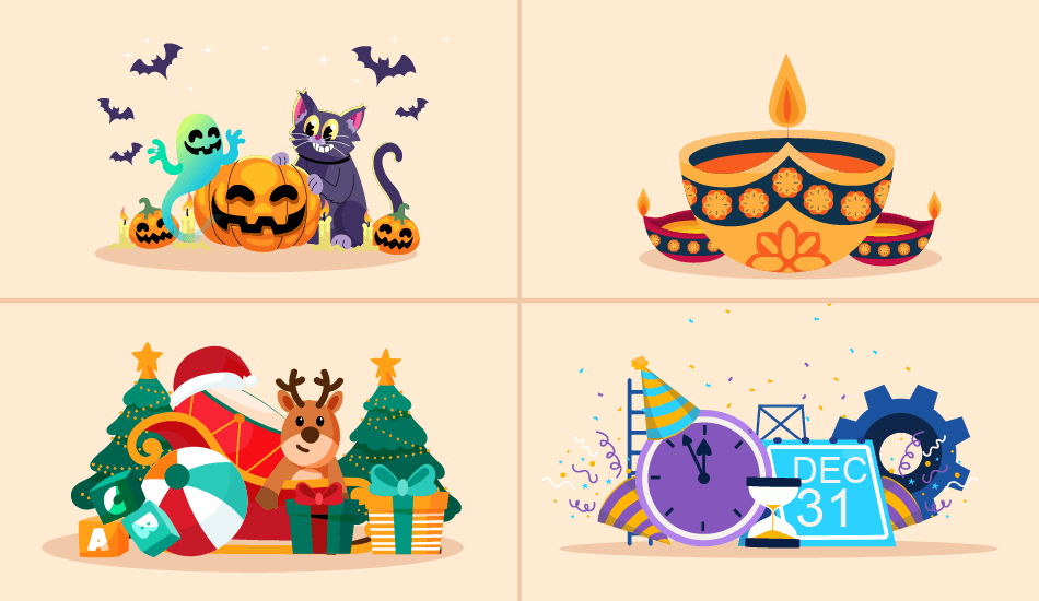 Featured graphic showing Halloween pumpkins and black cat, Diwali diyas, Christmas gifts with reindeer, and a New Year countdown to represent top global holidays