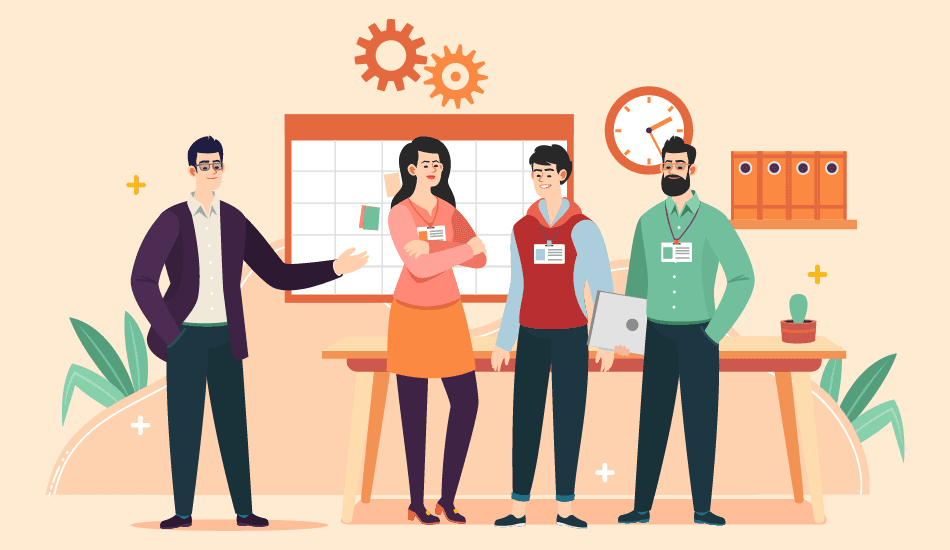 Manager introduces new employees during onboarding—illustration for welcome messages for new employees.