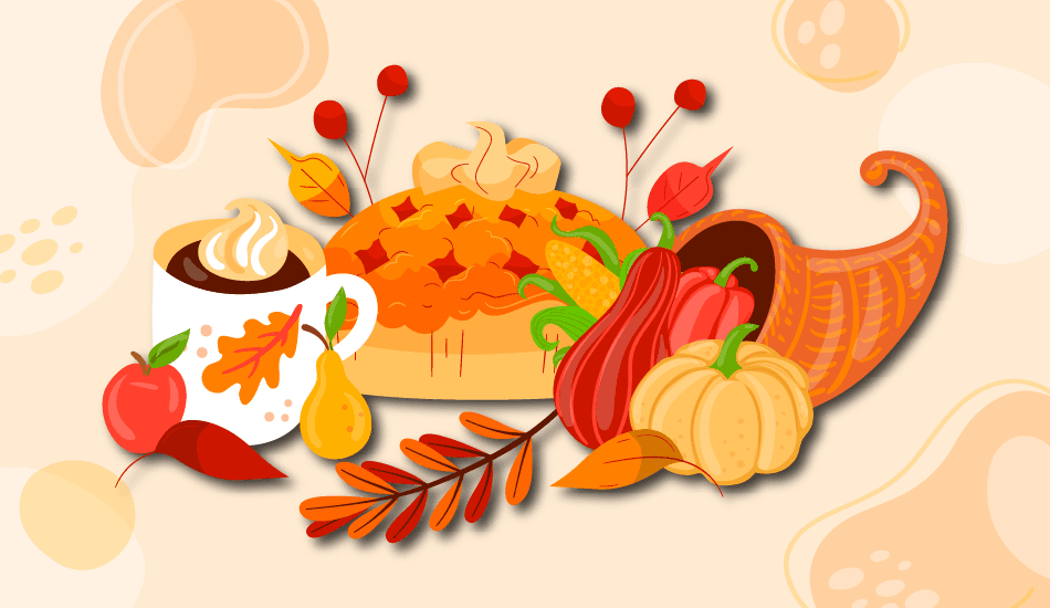 Illustrated cornucopia with pumpkins and gourds beside pumpkin pie, autumn leaves, and a latte—festive Thanksgiving still life.